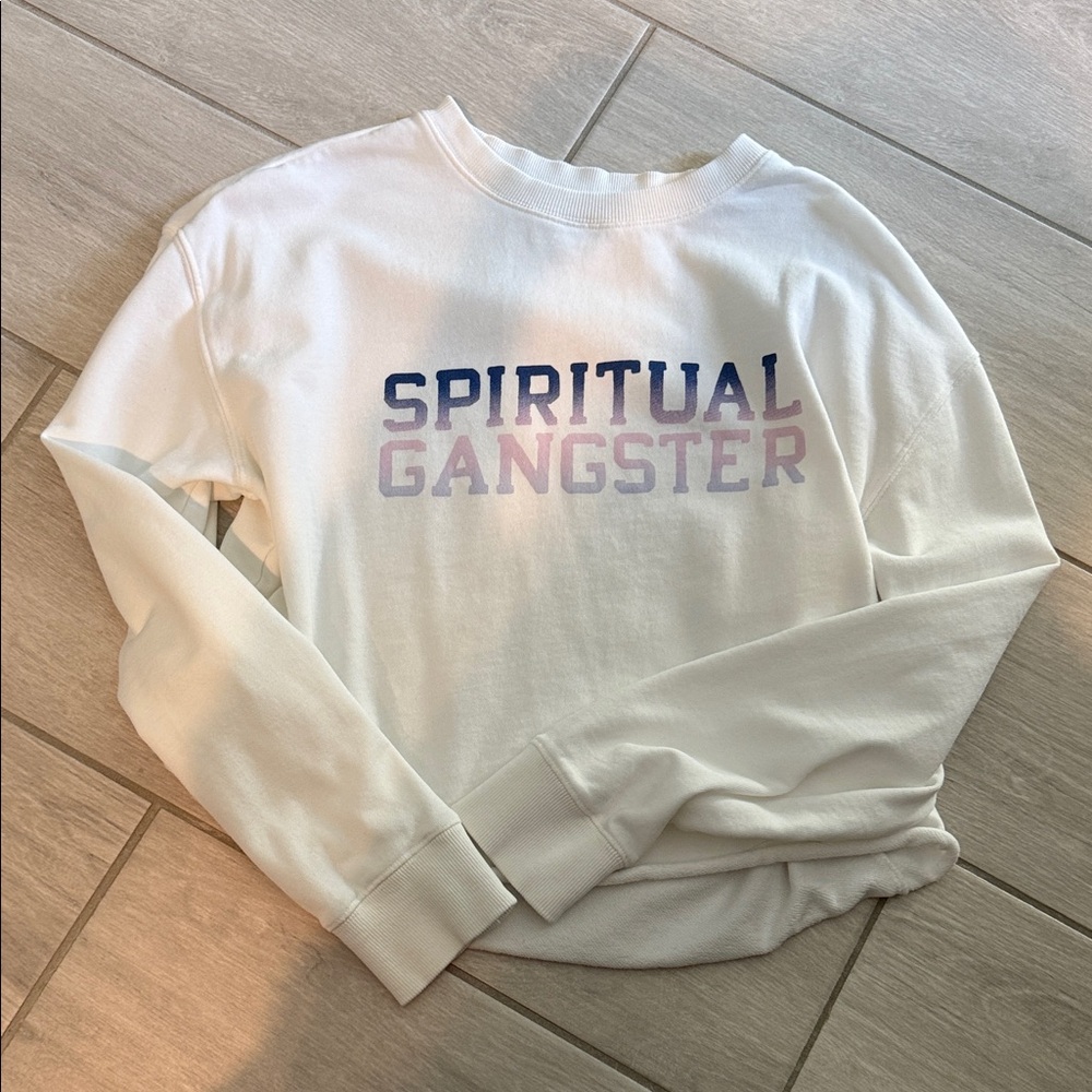 Spiritual Gangster White Crewneck with Purple-Pink Ombre Logo